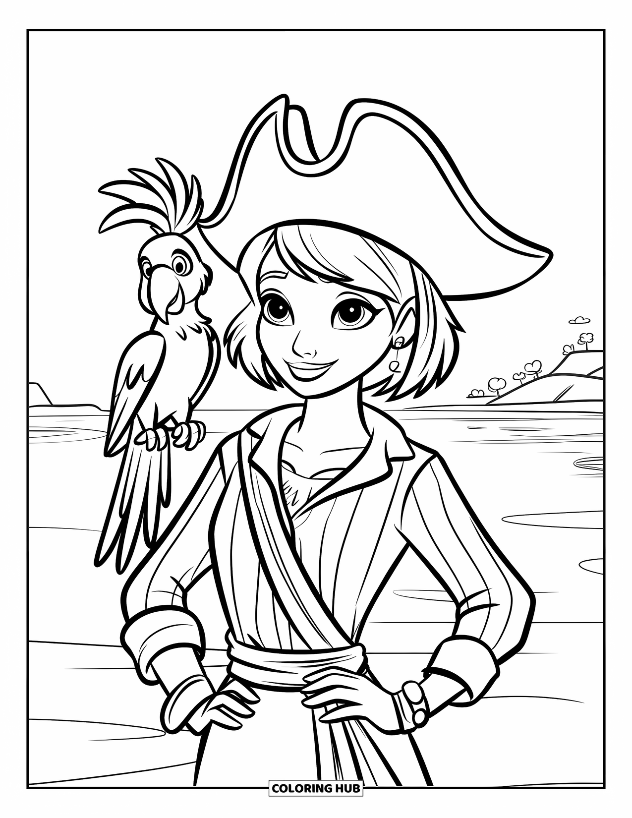 Kolorowanka z piratem dla dzieci: Piratka z papugą na ramieniu obok spokojnego oceanu