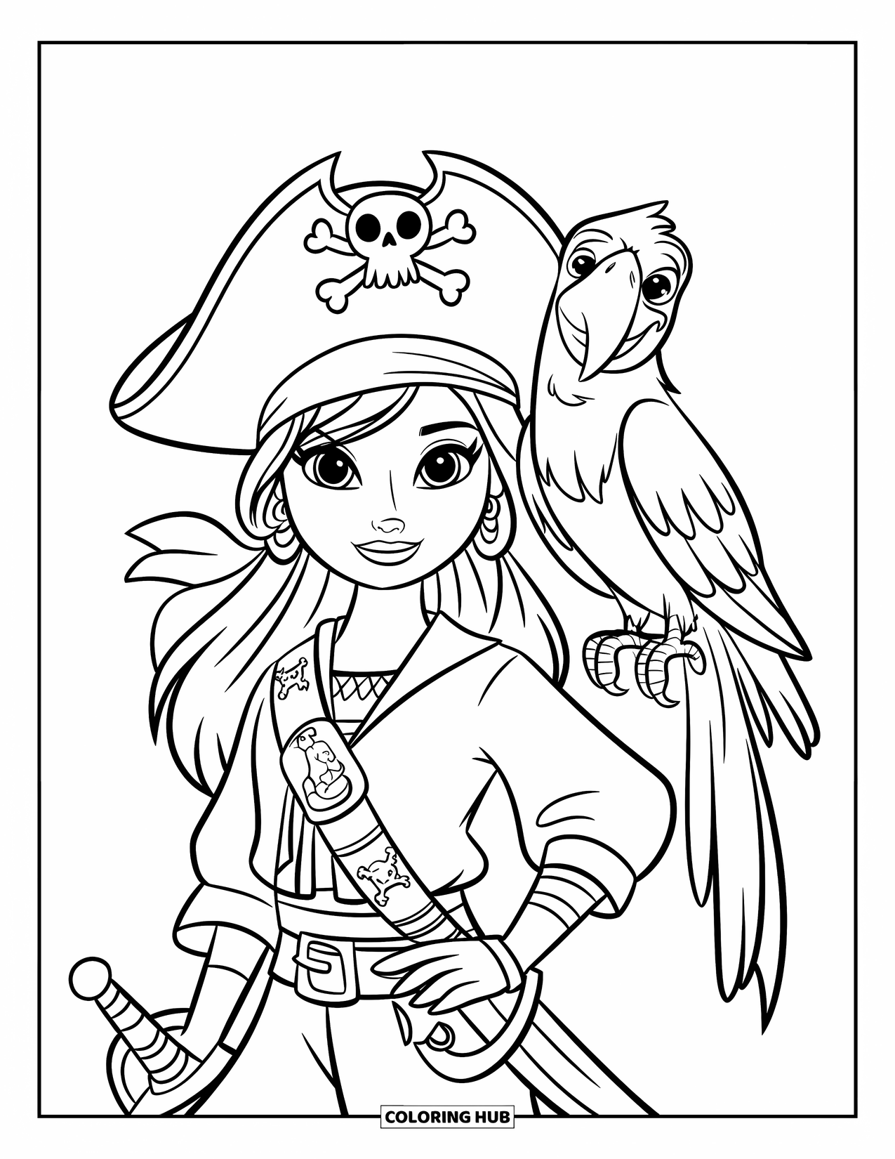 Kolorowanka z piratami dla dzieci: Piratka z długimi włosami, koszulą w czaszki i papugą