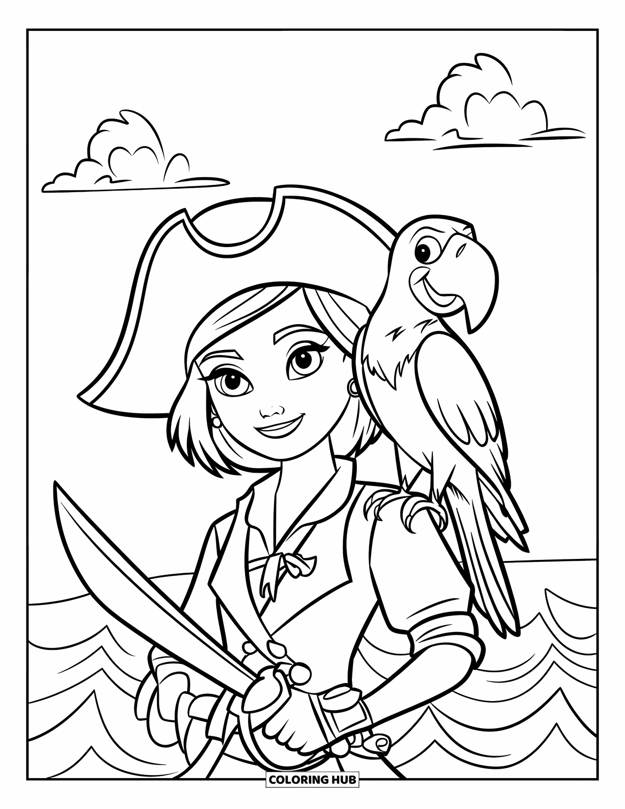 Kolorowanka z piratami dla dzieci: Piratka z krótkimi włosami, papugą i mieczem nad oceanem