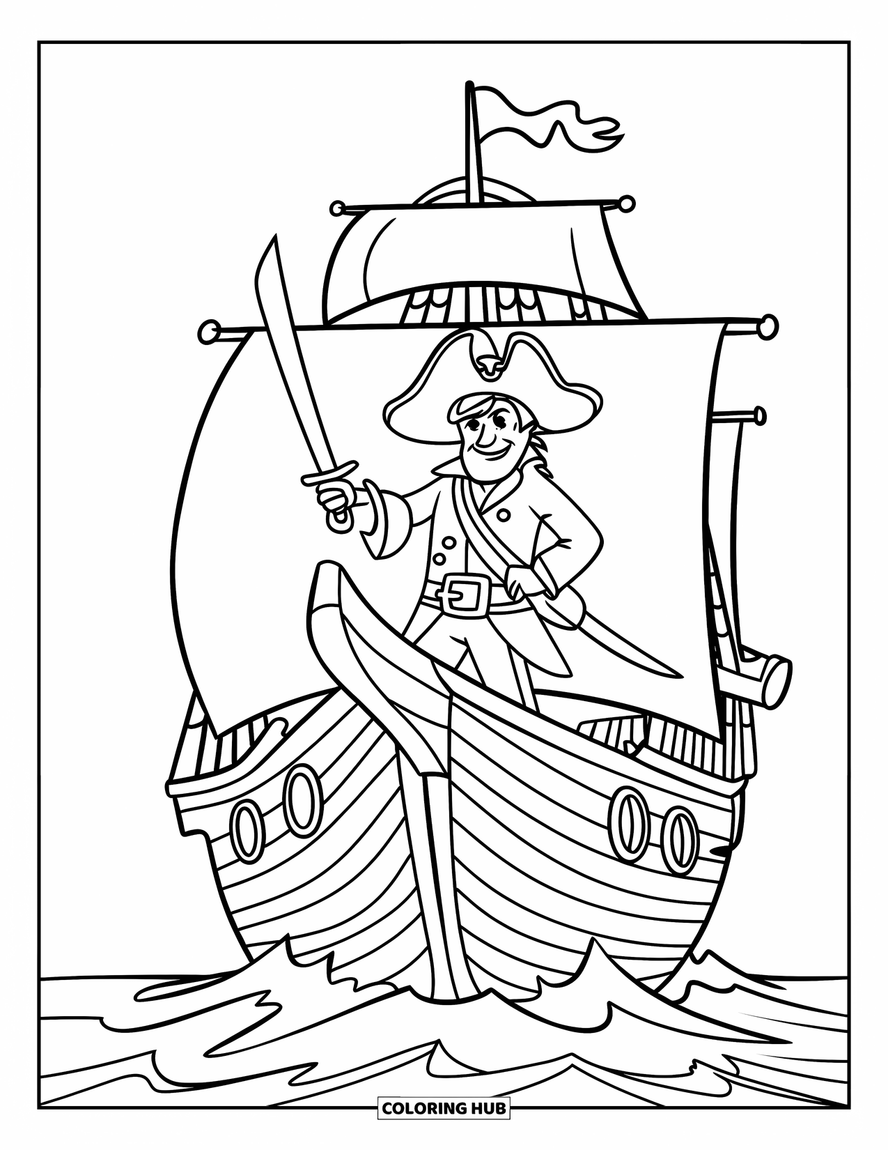 Kolorowanka z piratami dla dzieci: Pirat trzymający miecz na dziobie statku na oceanie