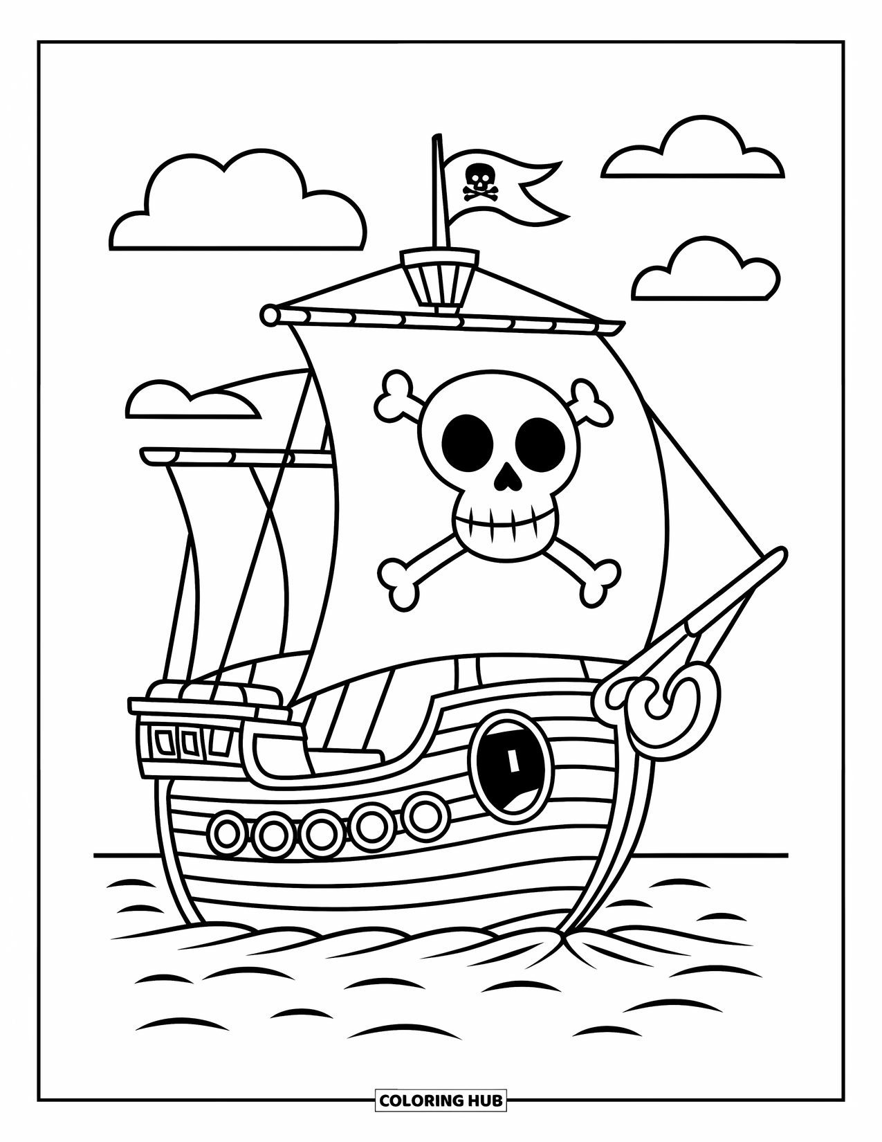 Kolorowanka z piratem dla dzieci: Statek piracki z flagą z czaszką i okrągłymi oknami płynie po spokojnych wodach