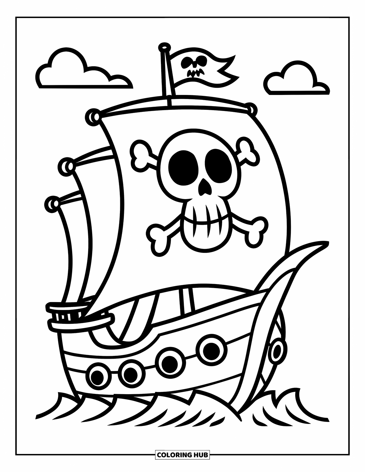 Kolorowanka z piratem dla dzieci: Statek piracki z flagą z czaszką i okrągłymi oknami uśmiecha się pod chmurami