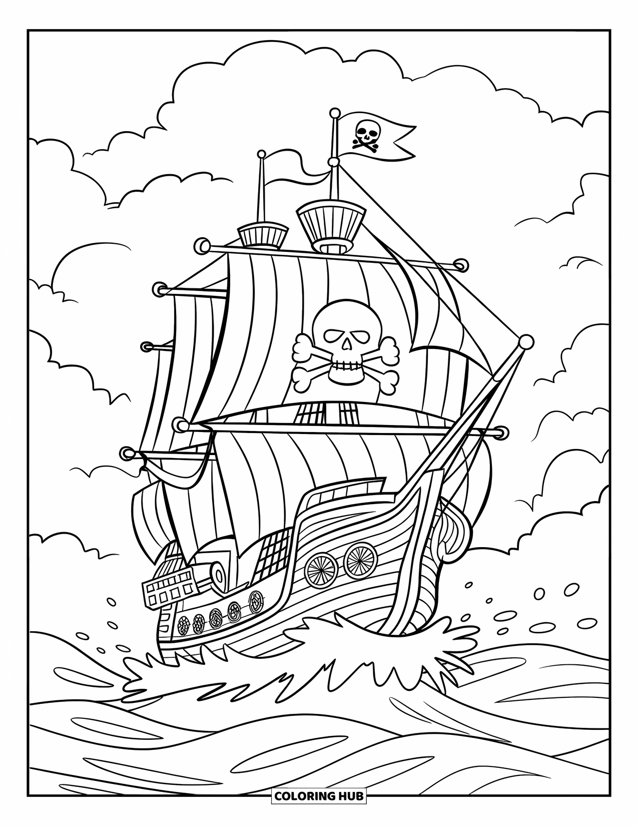 Kolorowanka z piratem dla dzieci: Statek piracki z flagą z czaszką płynie po wzburzonych wodach