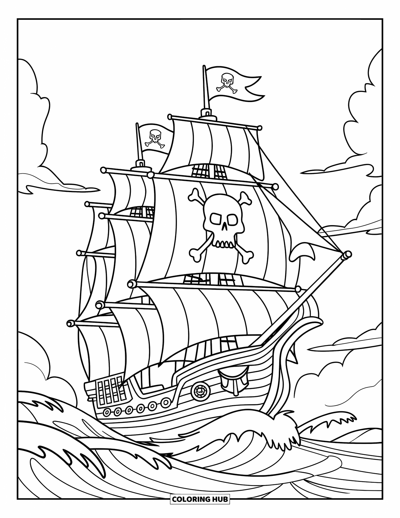 Kolorowanka z piratami dla dzieci: Statek piracki z rozwianymi żaglami i flagą z czaszką na wzburzonych falach