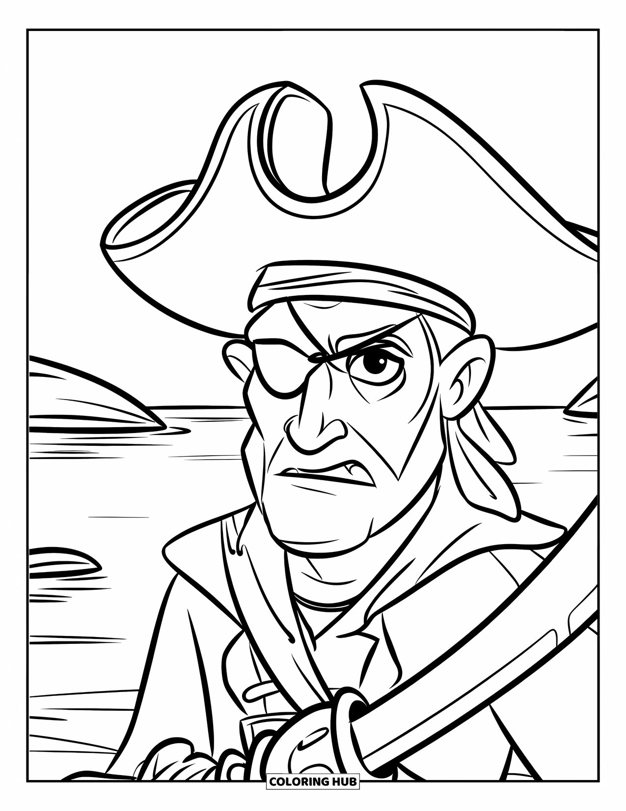 Kolorowanka z piratem dla dzieci: Pirat z hakiem i przepaską na oku trzyma miecz obok spokojnego morza