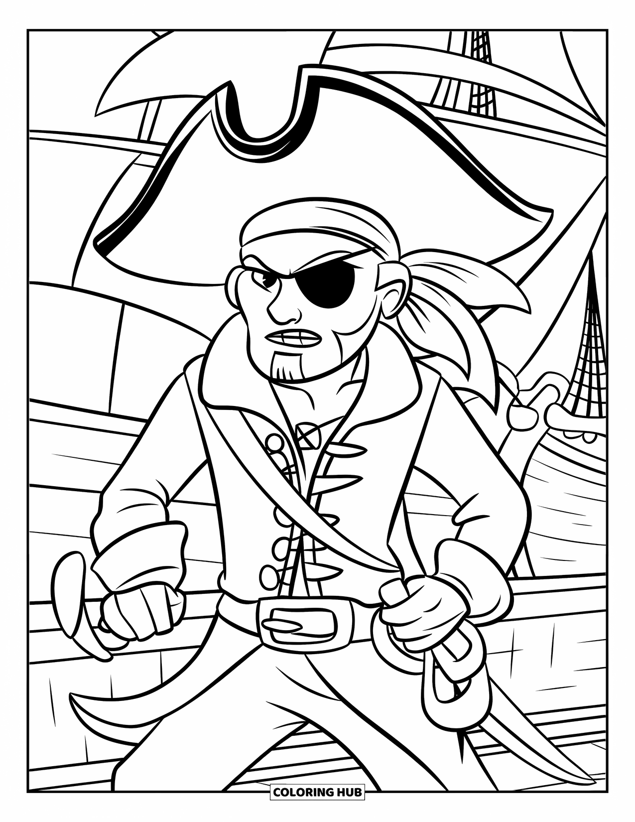 Kolorowanka z piratem dla dzieci: Pirat z hakiem i przepaską na oku stoi na statku z żaglami