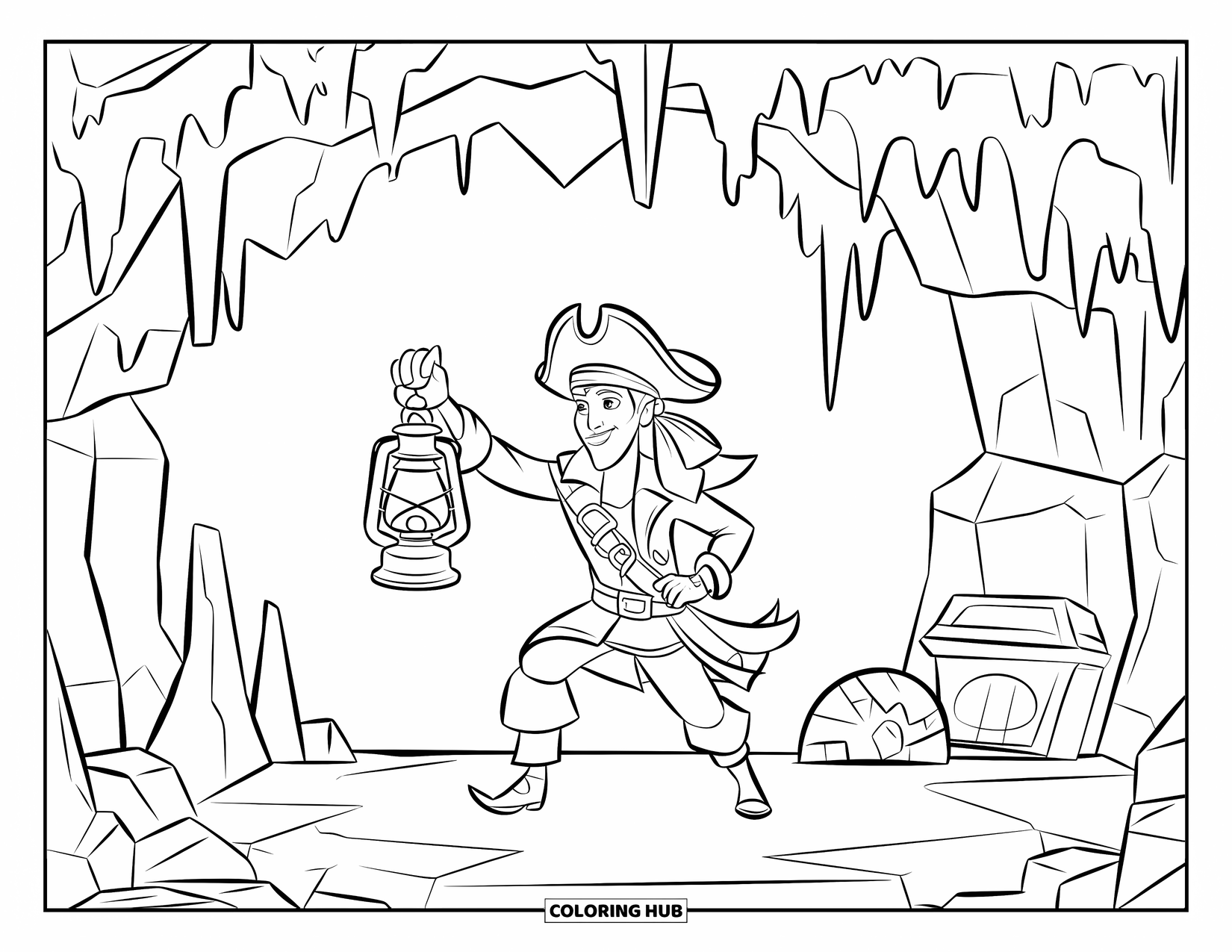 Kolorowanka z piratem dla dzieci: Pirat z latarnią w jaskini ze stalaktytami i ukrytym skarbem