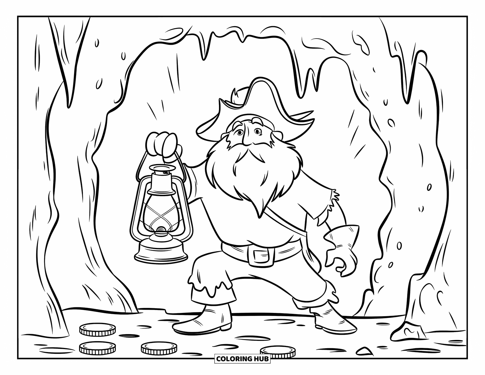 Kolorowanka z piratem dla dzieci: Pirat z latarnią w ciemnej jaskini, wokół rozrzucone złote monety