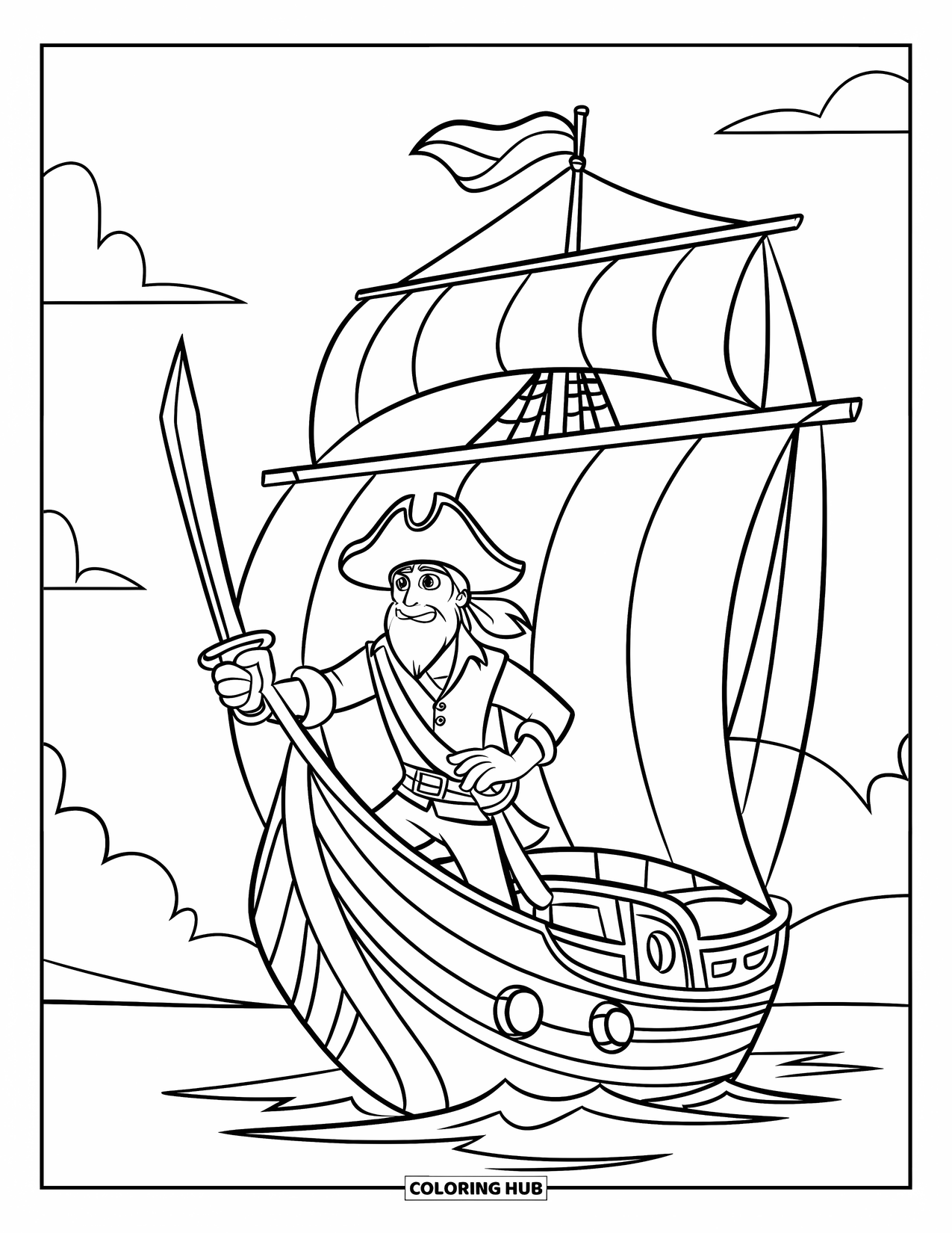 Kolorowanka z piratem dla dzieci: Pirat z mieczem na statku, żeglujący po spokojnych wodach