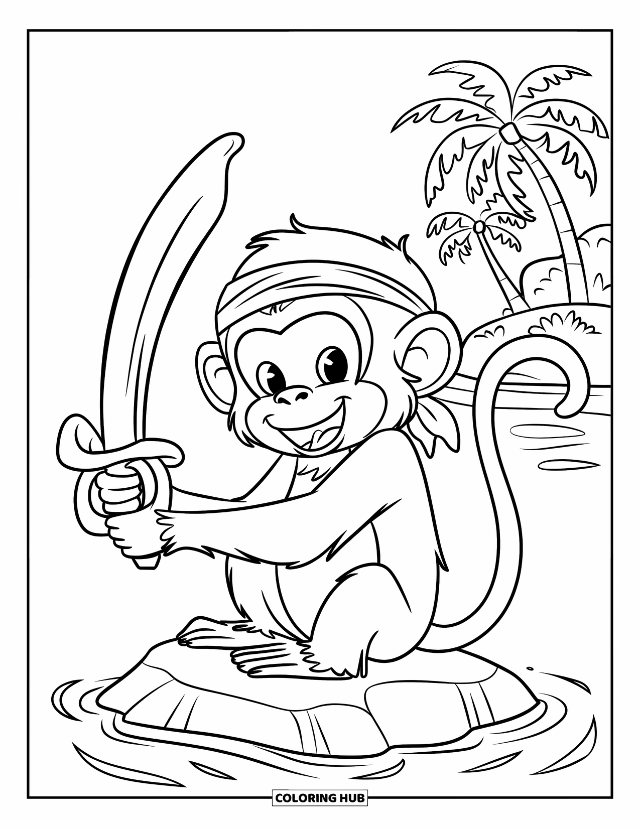 Kolorowanka z piratami dla dzieci: Figlarna małpka z bandaną trzyma banana jak miecz