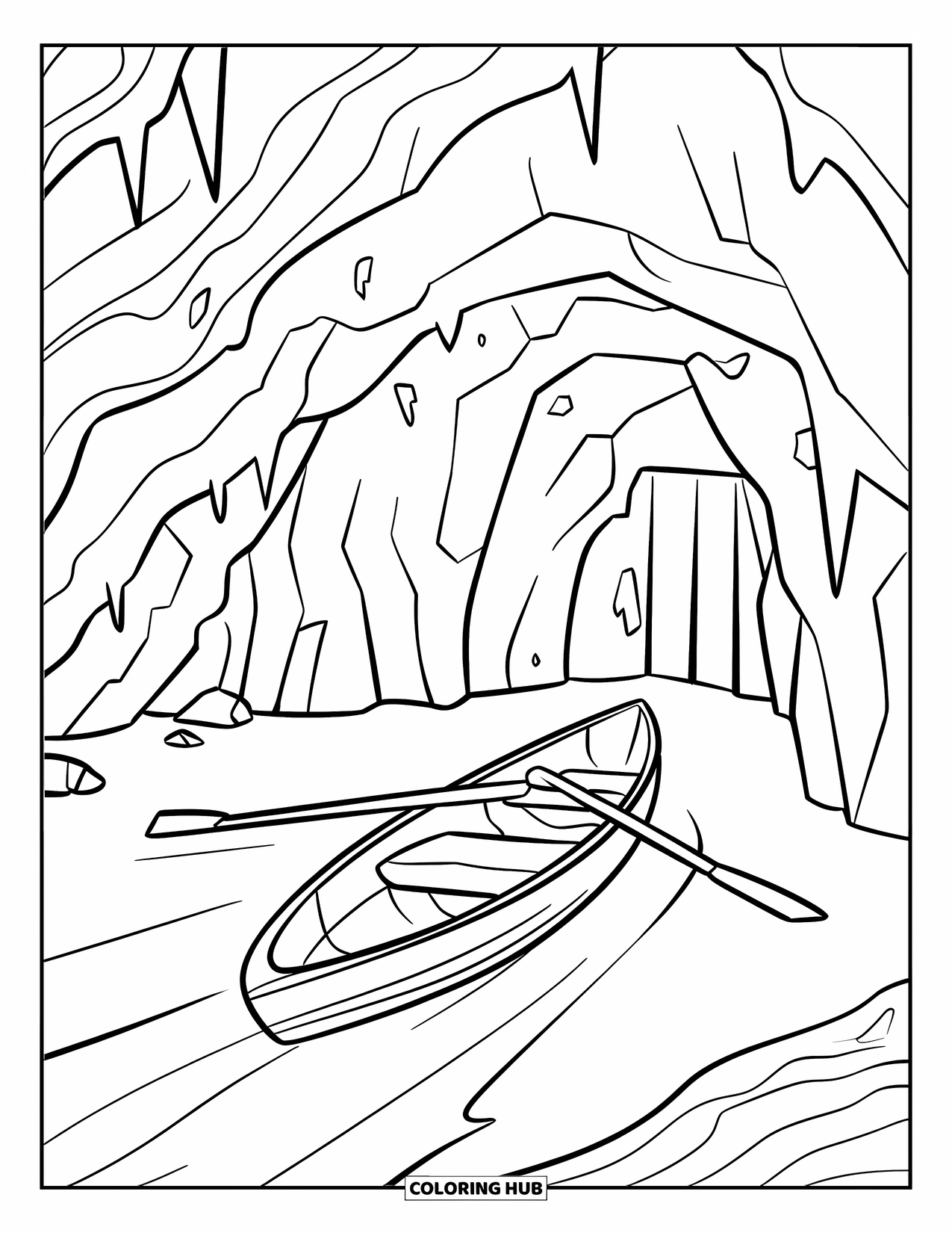 Kolorowanka z piratem dla dzieci: Łódka zbliża się do wejścia do jaskini ze słabymi błyskami skarbów w środku