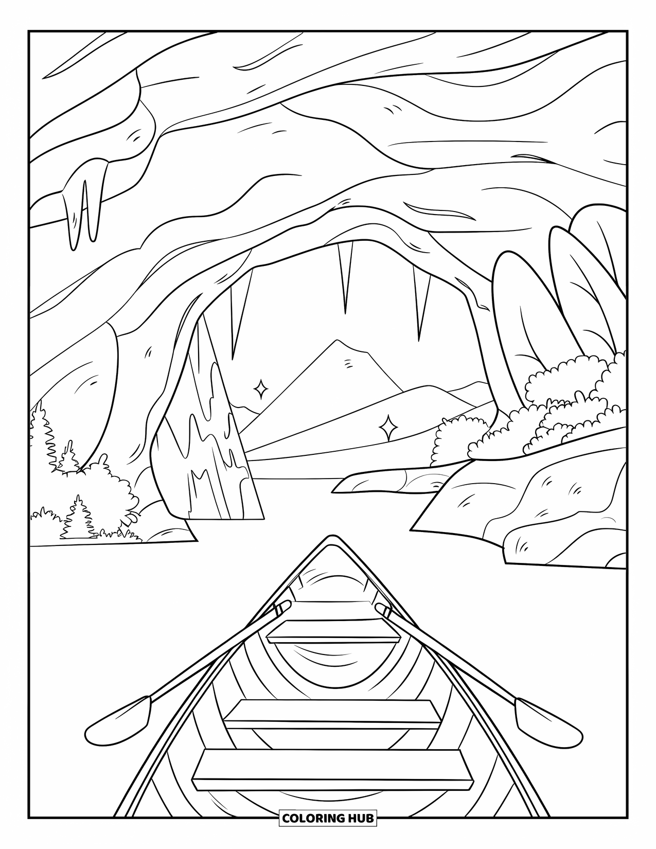 Kolorowanka z piratem dla dzieci: Łódka zbliża się do wejścia do jaskini ze słabymi błyskami skarbów