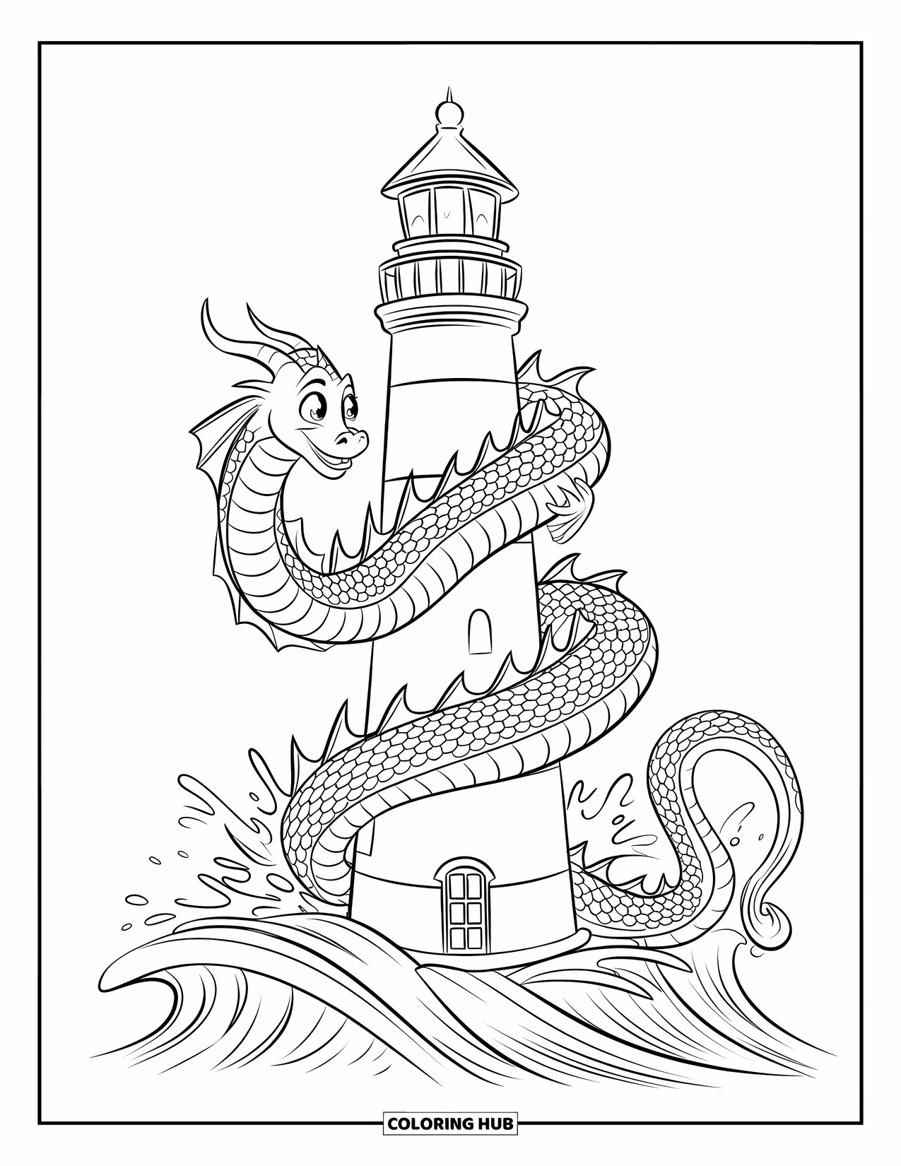 Kolorowanka z piratem dla dzieci: Morski smok owinięty wokół latarni morskiej z pluskającymi falami