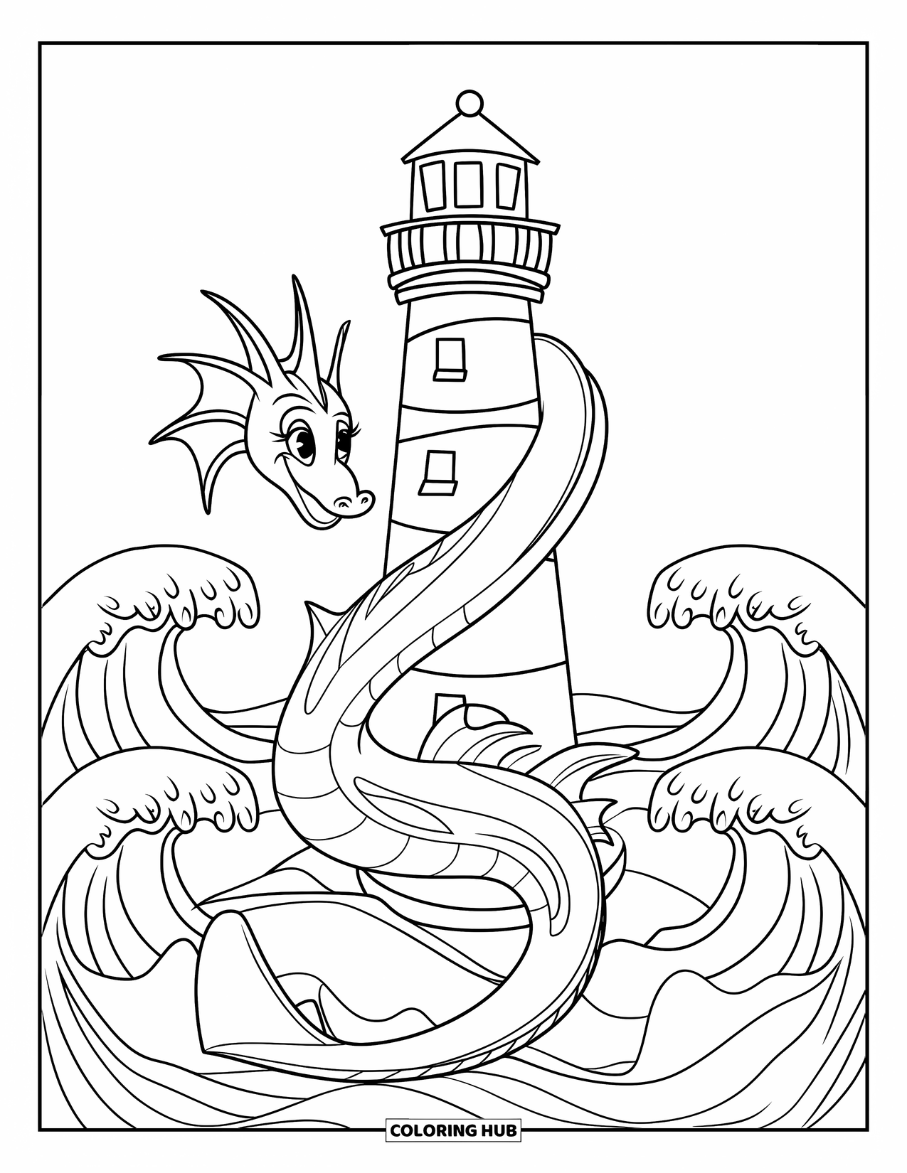 Kolorowanka z piratami dla dzieci: Morski smok zwija się wokół latarni morskiej, a fale się rozbijają