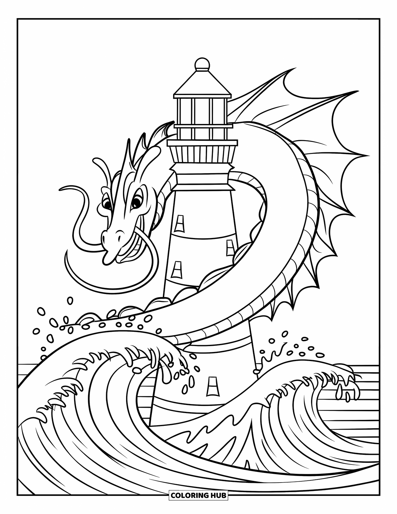 Kolorowanka z piratem dla dzieci: Morski smok z serpentynowym ciałem owija się wokół latarni morskiej