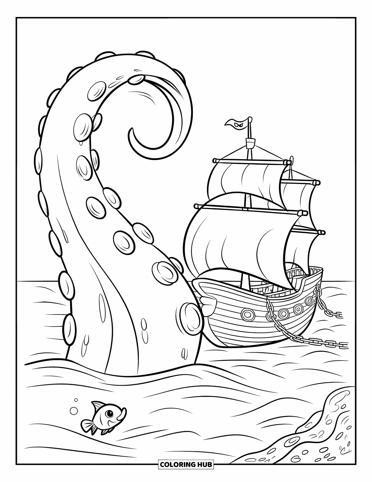 Kolorowanka z piratami dla dzieci: Macka potwora morskiego wyłania się w pobliżu zakotwiczonego statku pirackiego