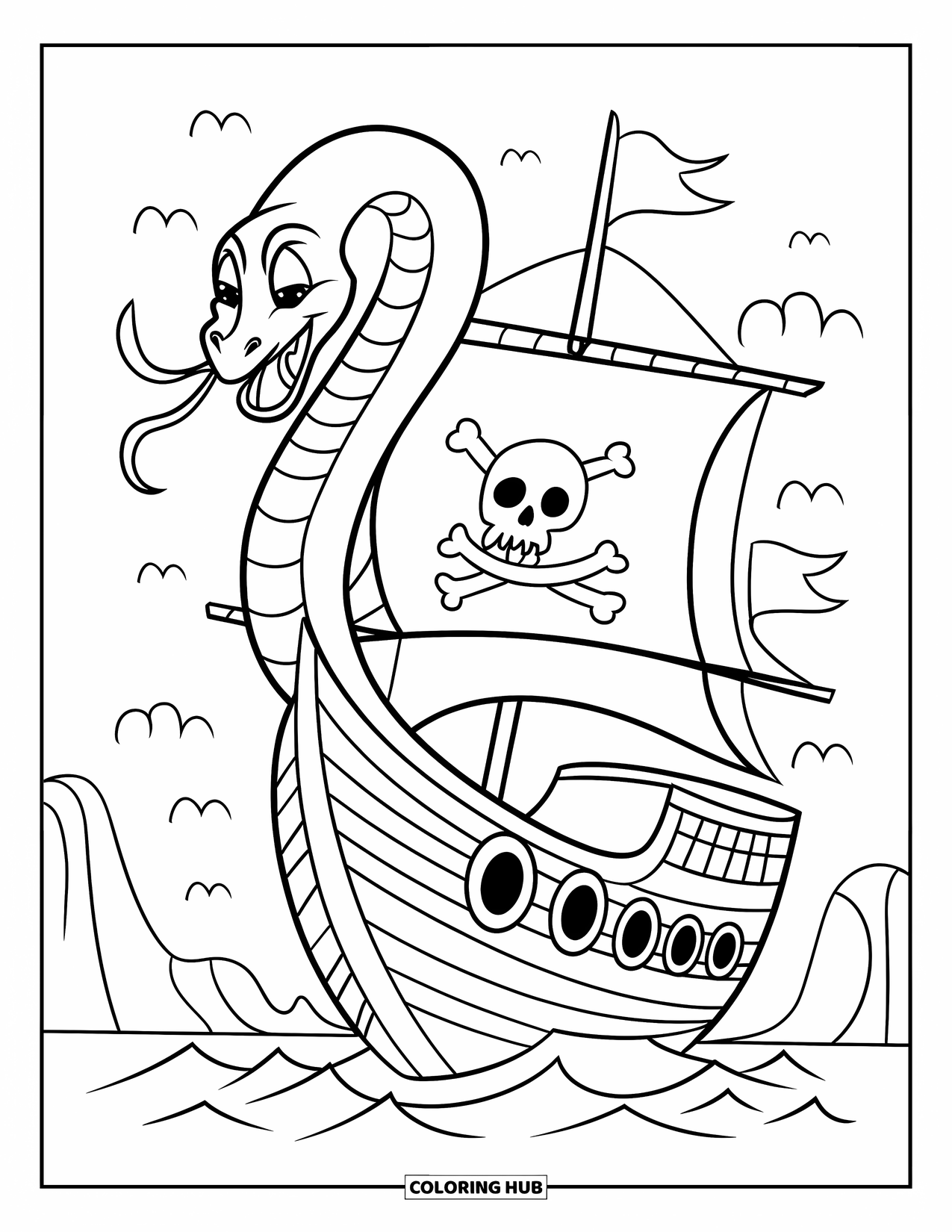 Kolorowanka z piratem dla dzieci: Wąż morski owija się wokół statku z flagą Jolly Roger
