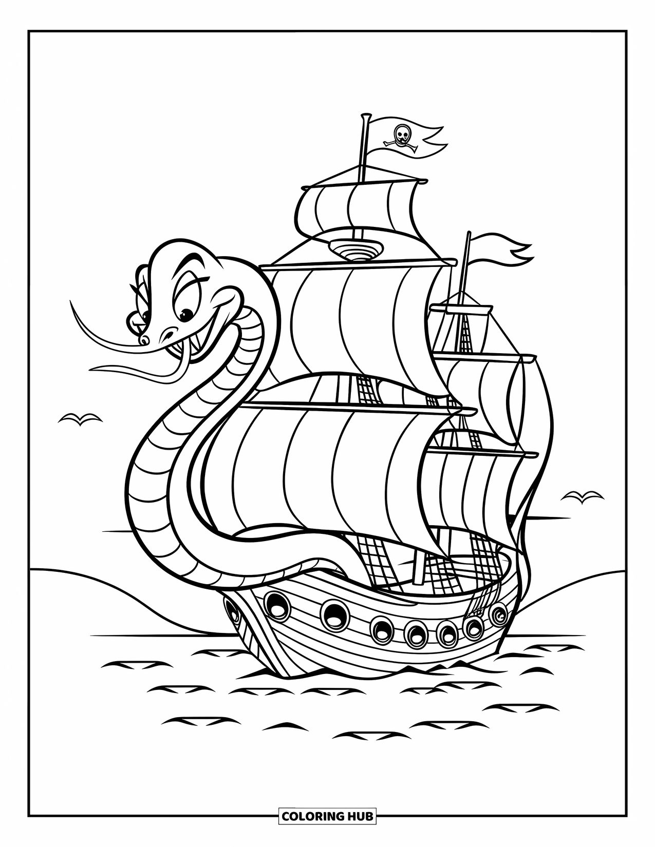 Kolorowanka z piratami dla dzieci: Wąż morski z uśmiechem owija się wokół statku pirackiego na spokojnych wodach