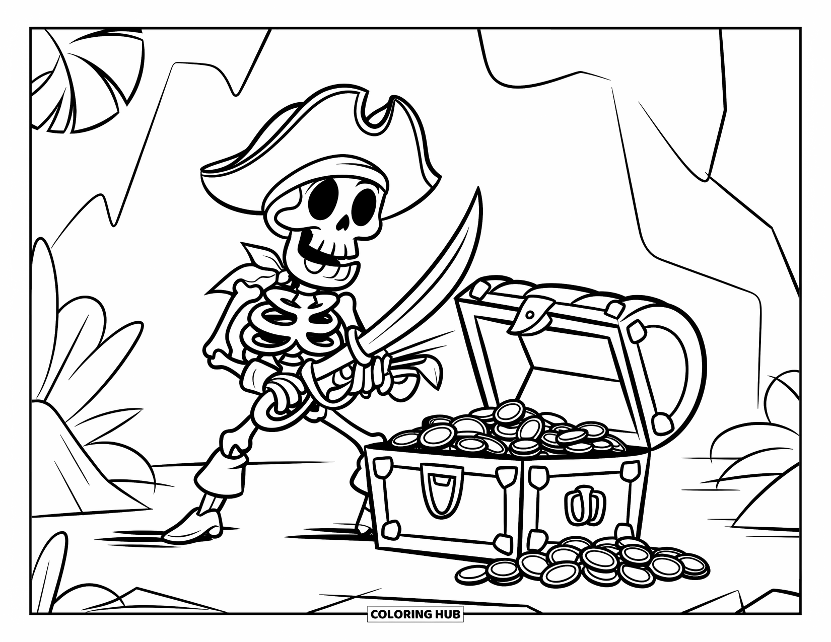 Kolorowanka z piratem dla dzieci: Szkielet pirata z kordelasem strzeże skrzyni skarbów na skalistym terenie