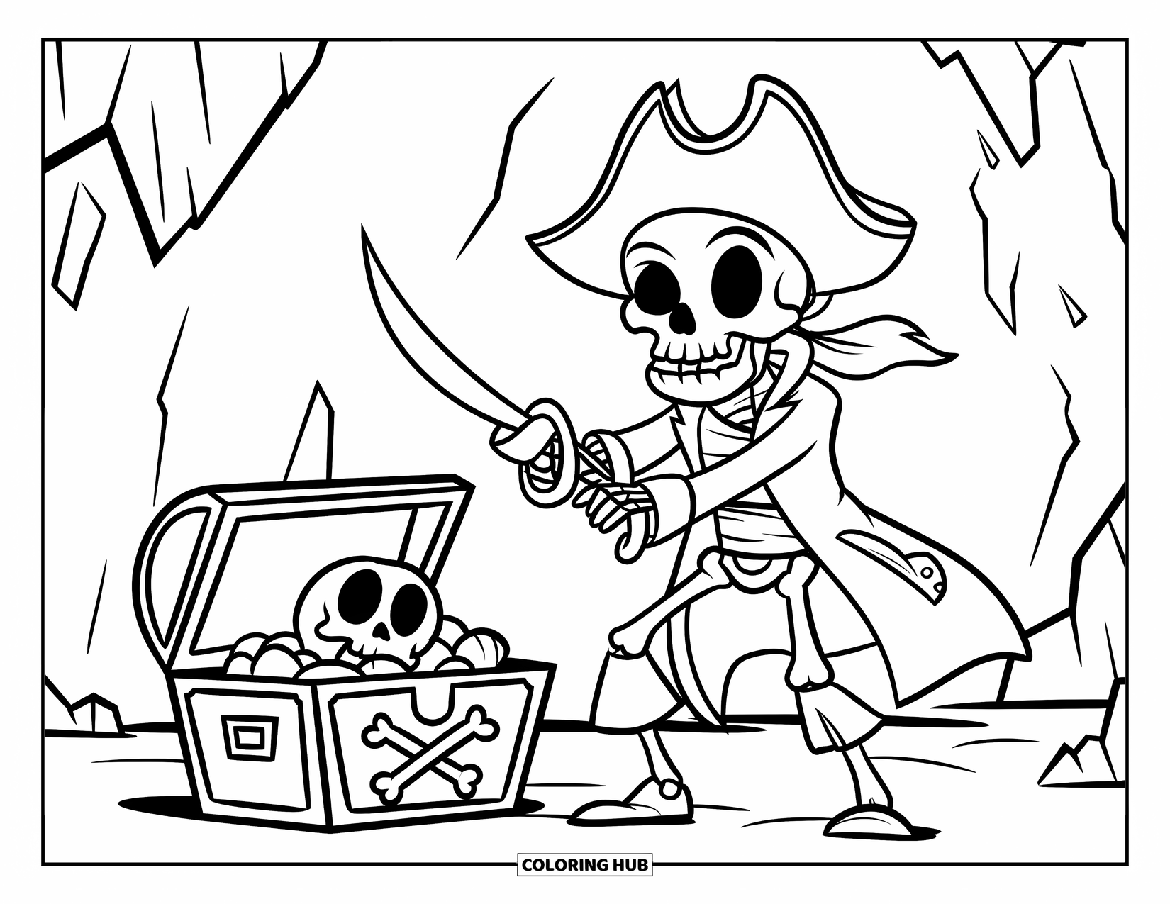 Kolorowanka z piratem dla dzieci: Szkielet pirata z kapeluszem i kordelasem strzeże skrzyni na skalistym podłożu