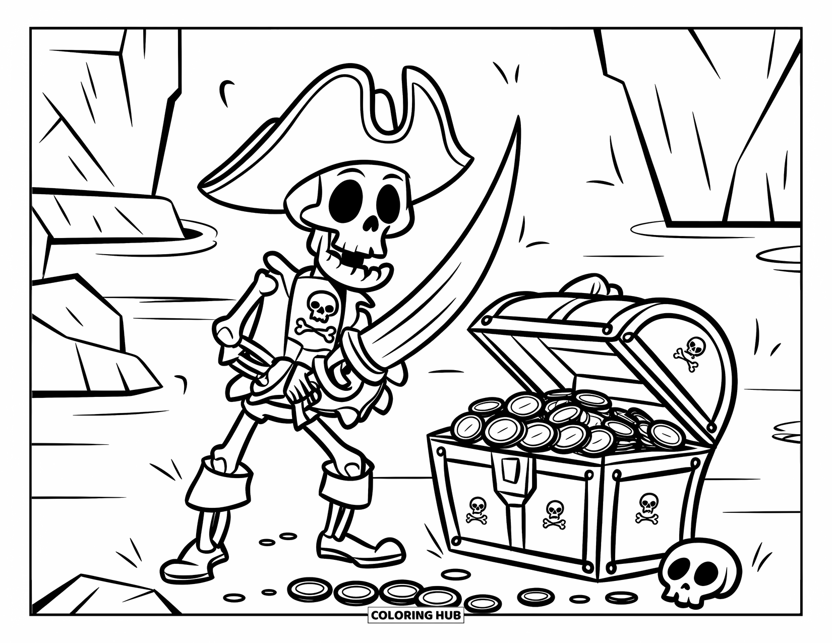 Kolorowanka z piratem dla dzieci: Szkielet pirata z trójrożnym kapeluszem strzeże skrzyni wypełnionej złotem