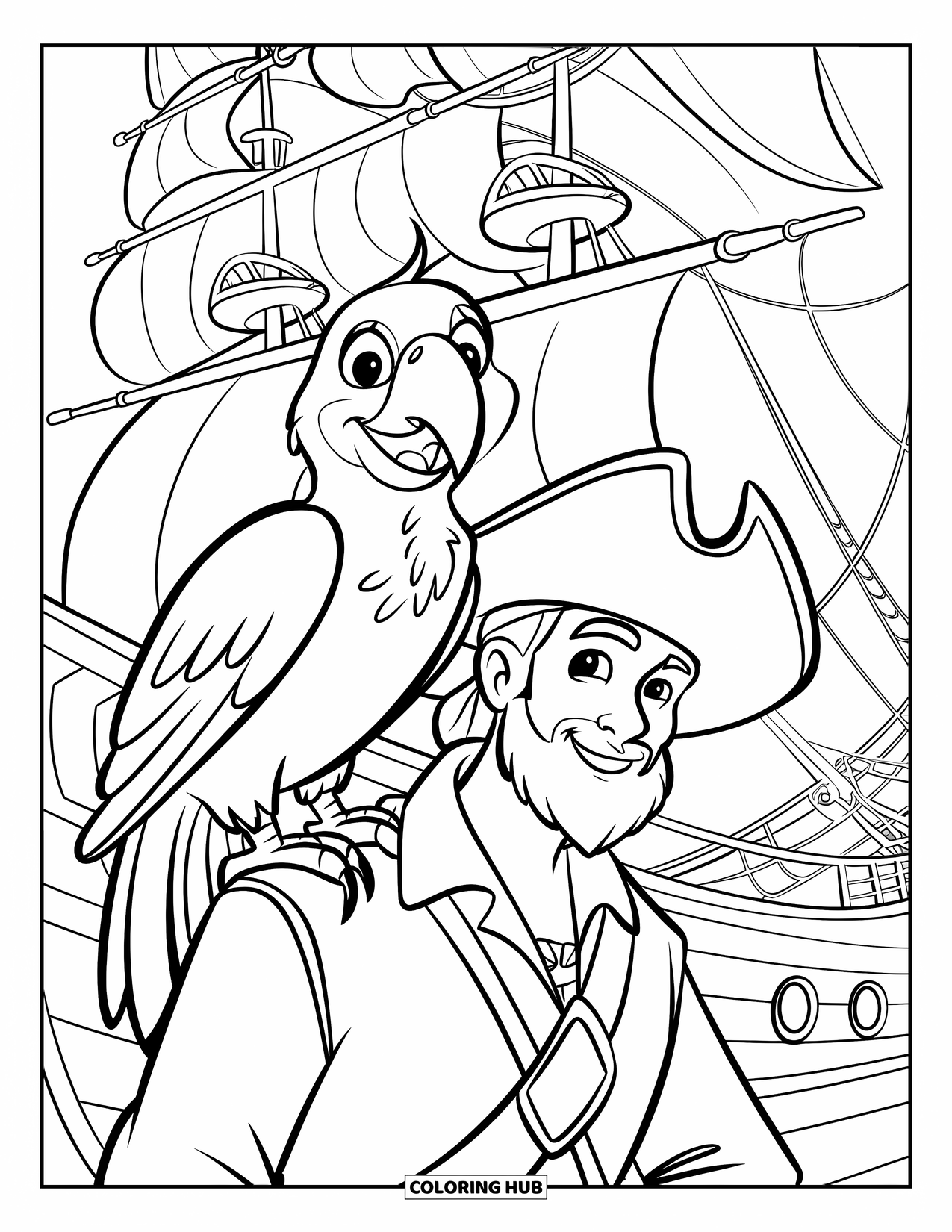 Kolorowanka z piratami dla dzieci: Uśmiechnięta papuga siedzi na ramieniu pirata na statku z żaglami
