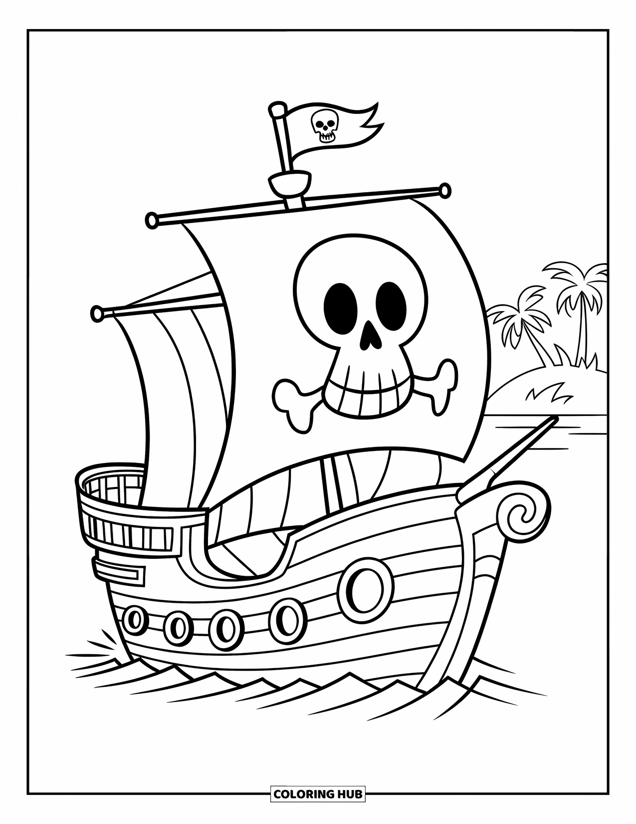 Kolorowanka z piratem dla dzieci: Uśmiechnięty statek piracki z flagą z czaszką płynie w pobliżu wyspy z palmami