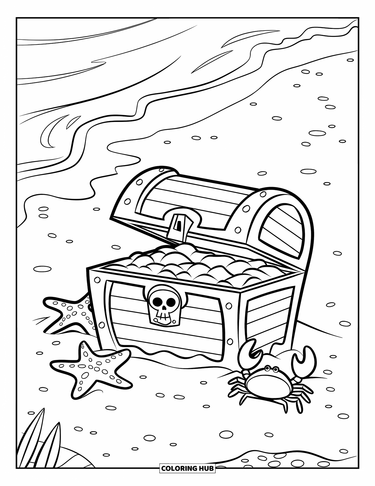 Kolorowanka z piratem dla dzieci: Skrzynia skarbów częściowo zakopana w piasku z rozgwiazdami i krabem
