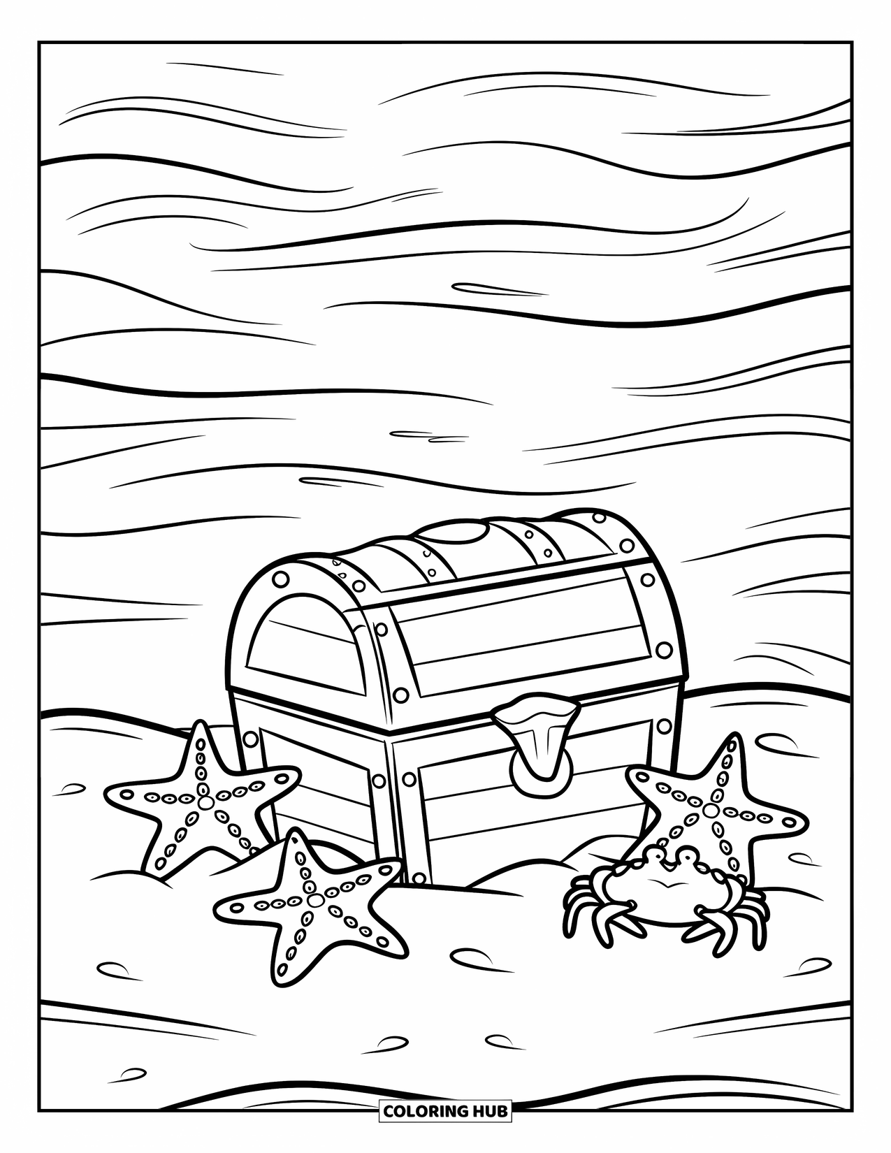 Kolorowanka z piratem dla dzieci: Skrzynia skarbów w piasku otoczona rozgwiazdami i krabem