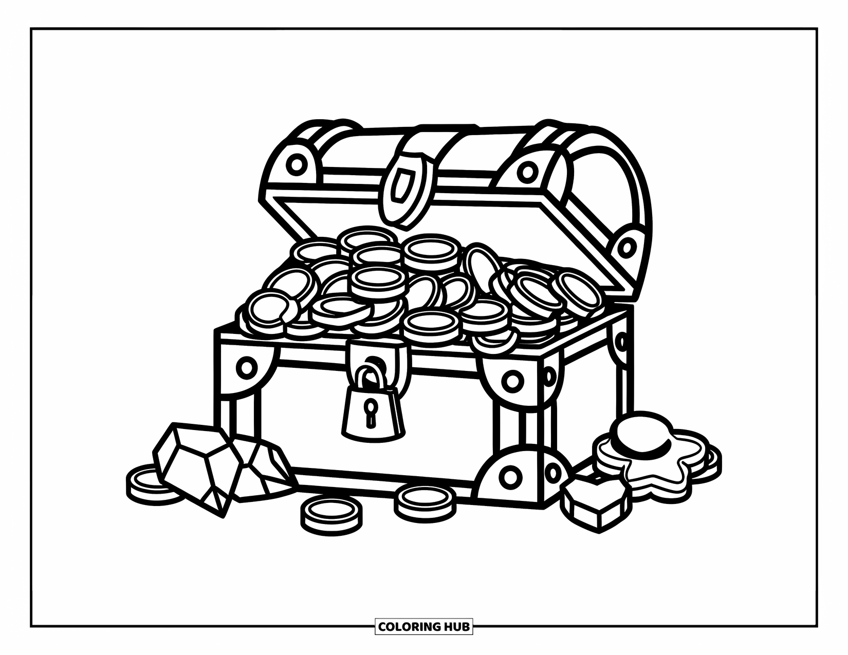 Kolorowanka z piratem dla dzieci: Skrzynia skarbów z kłódką wysypuje monety i klejnoty na piasek