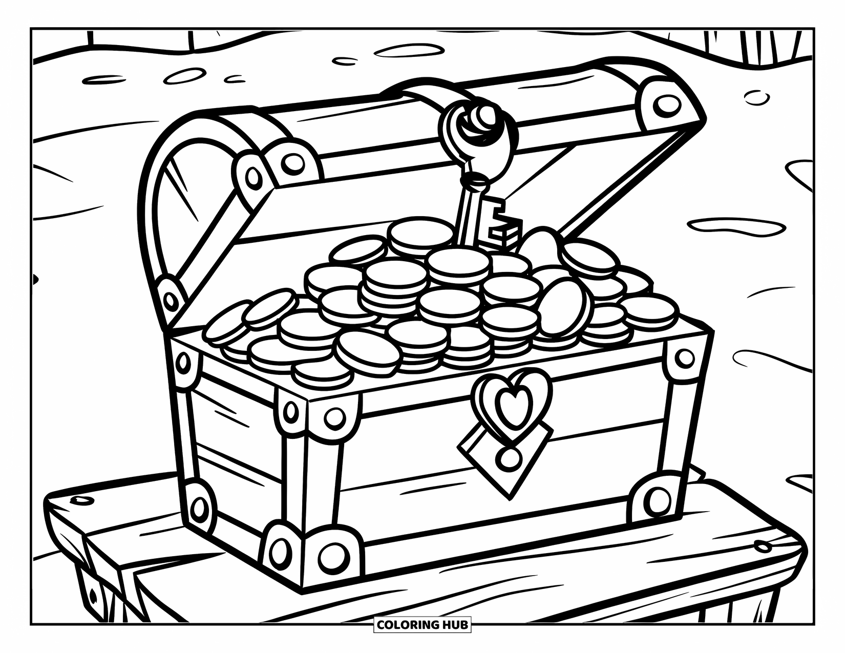 Kolorowanka z piratem dla dzieci: Skrzynia skarbów z monetami i klejnotami stoi na drewnianej platformie
