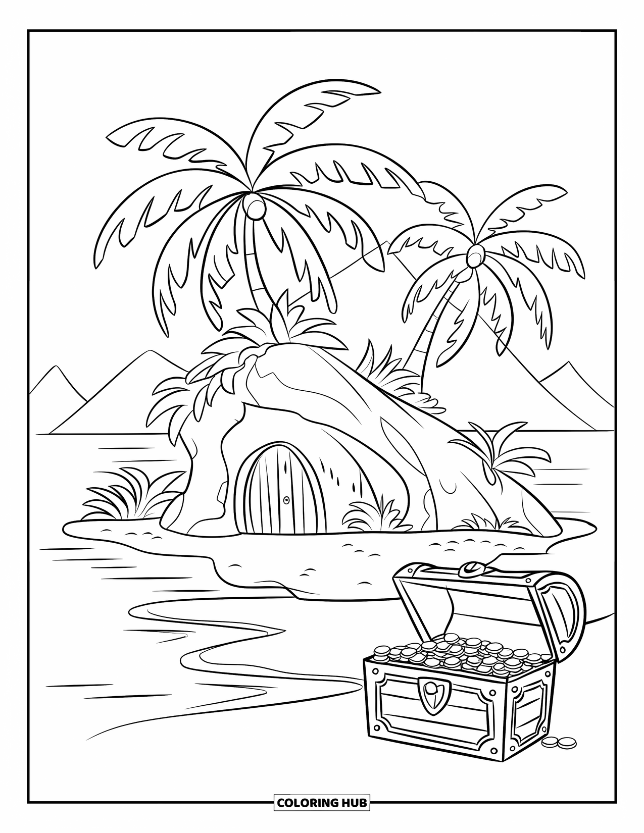 Kolorowanka z piratem dla dzieci: Tropikalna wyspa z palmami, jaskinią i skrzynią wypełnioną złotem