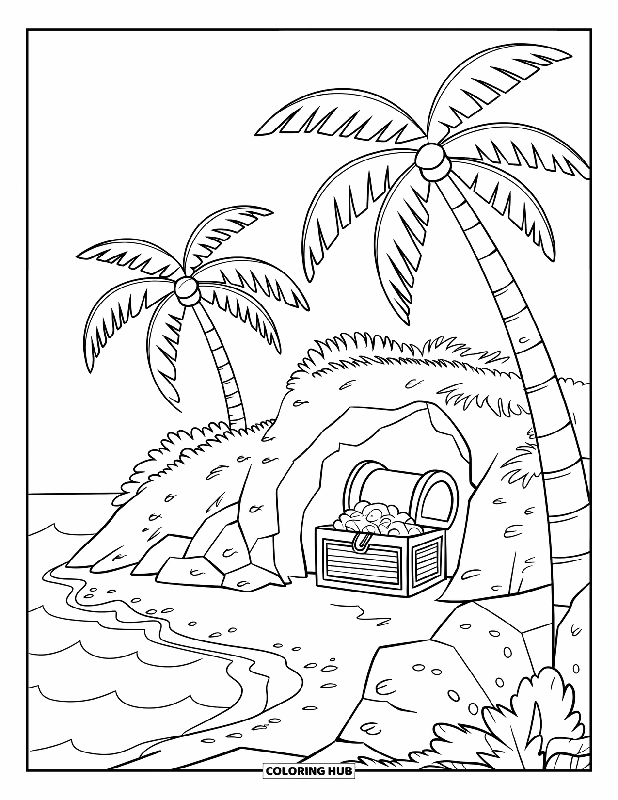 Kolorowanka z piratem dla dzieci: Tropikalna wyspa z palmami, ukrytą jaskinią i skrzynią skarbów