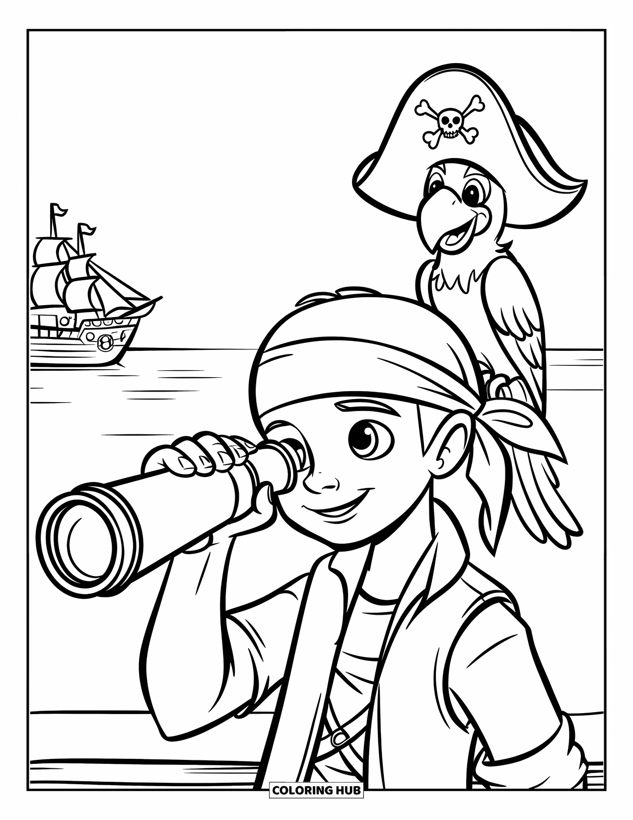 Kolorowanka z piratami dla dzieci: Młody pirat z bandaną i papugą patrzy przez teleskop