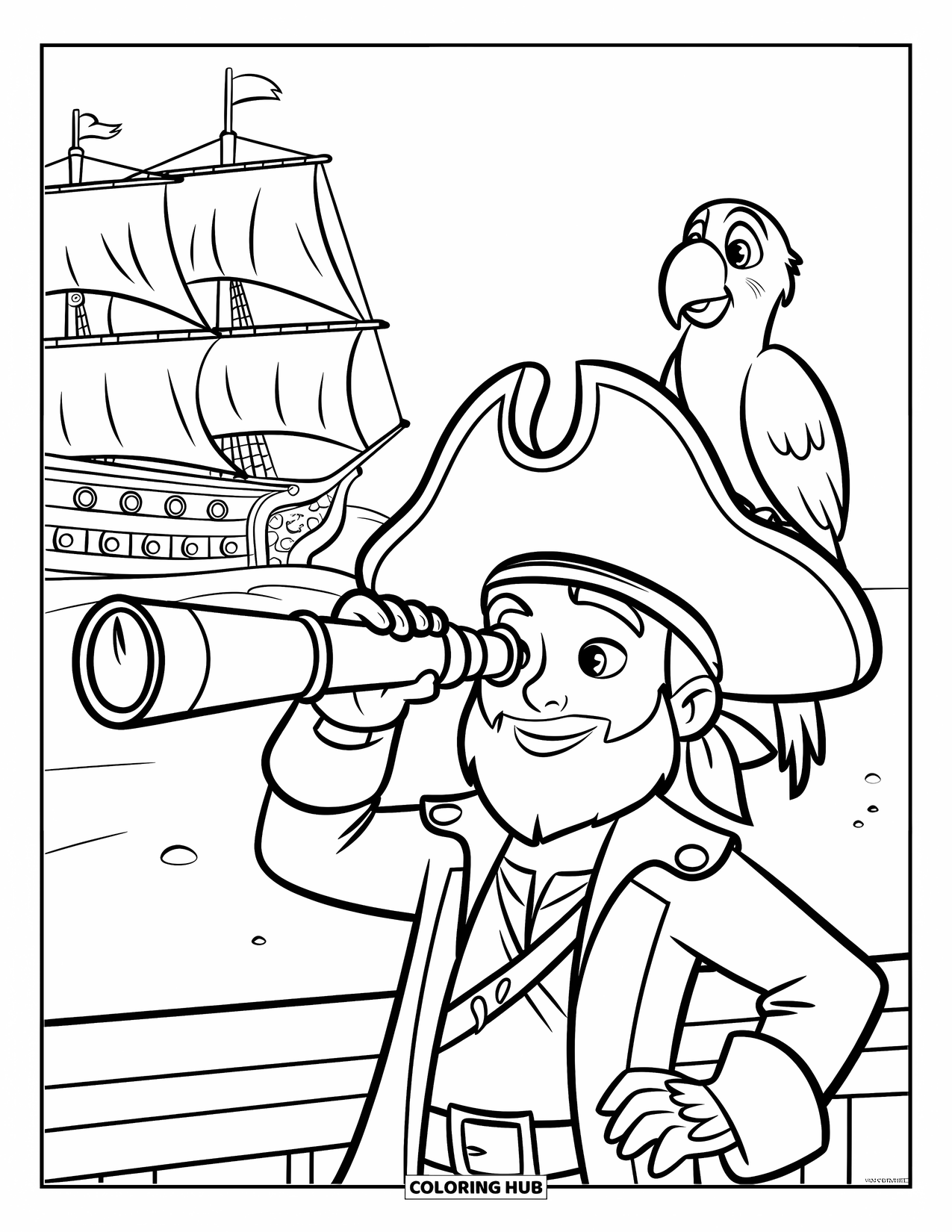 Kolorowanka z piratem dla dzieci: Młody pirat z kapeluszem i papugą trzyma teleskop obok statku