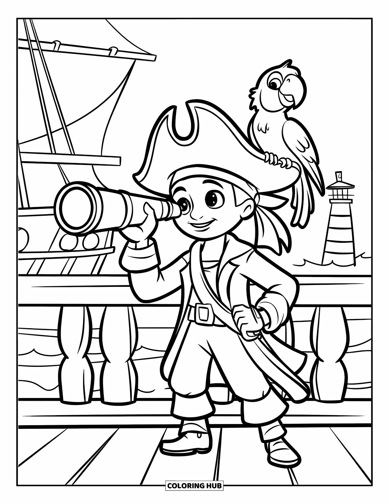 Kolorowanka z piratem dla dzieci: Młody pirat z papugą patrzy przez teleskop obok statku