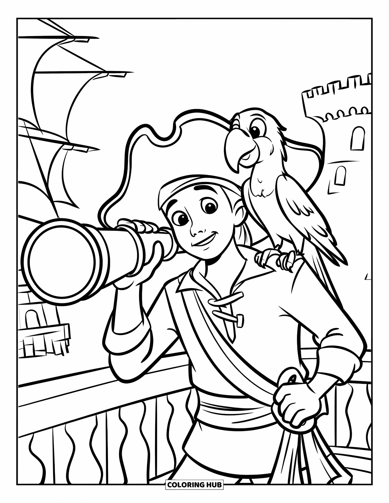 Kolorowanka z piratami dla dzieci: Młody pirat z papugą wygląda przez teleskop nad morzem