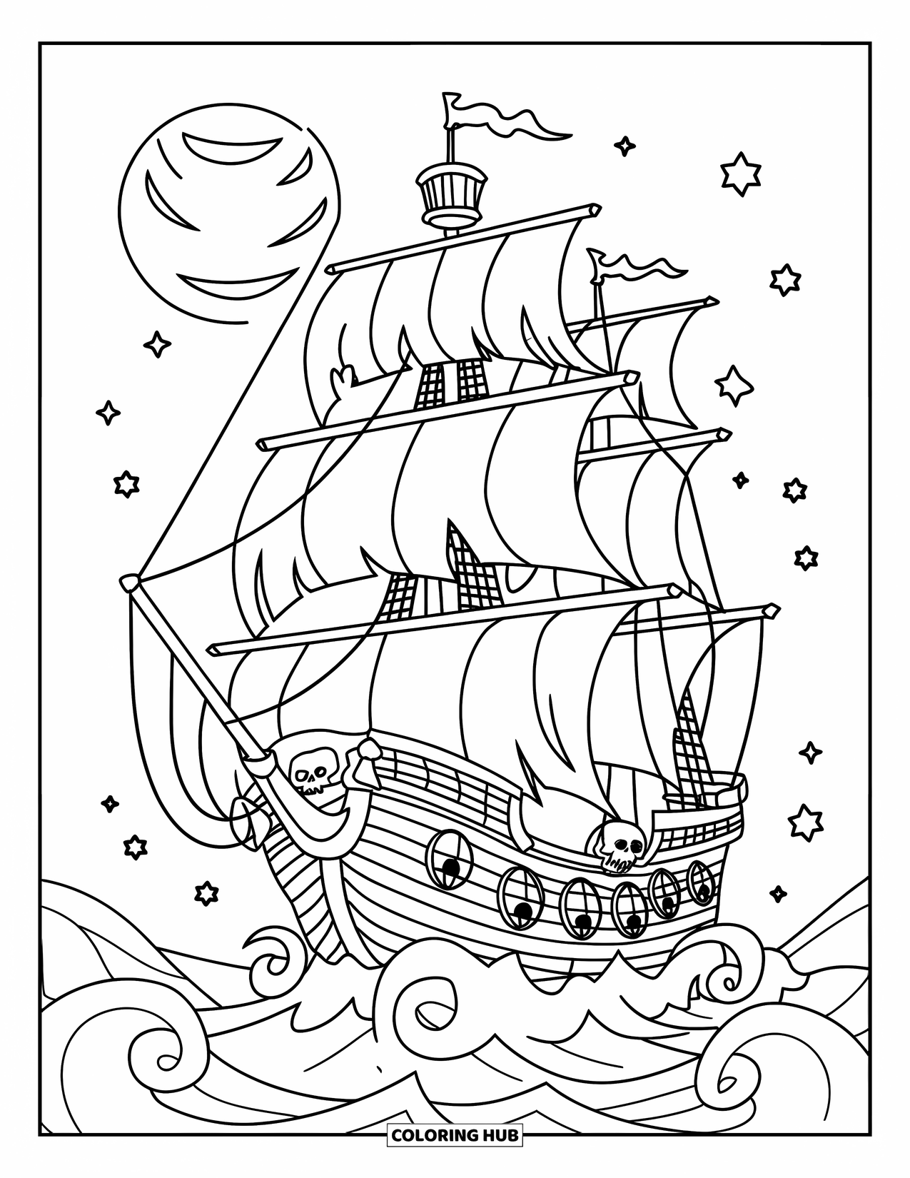 Kolorowanka z piratem dla dzieci: Upiorny statek-widmo z podartymi żaglami, czaszkami i lampionami na wzburzonym morzu