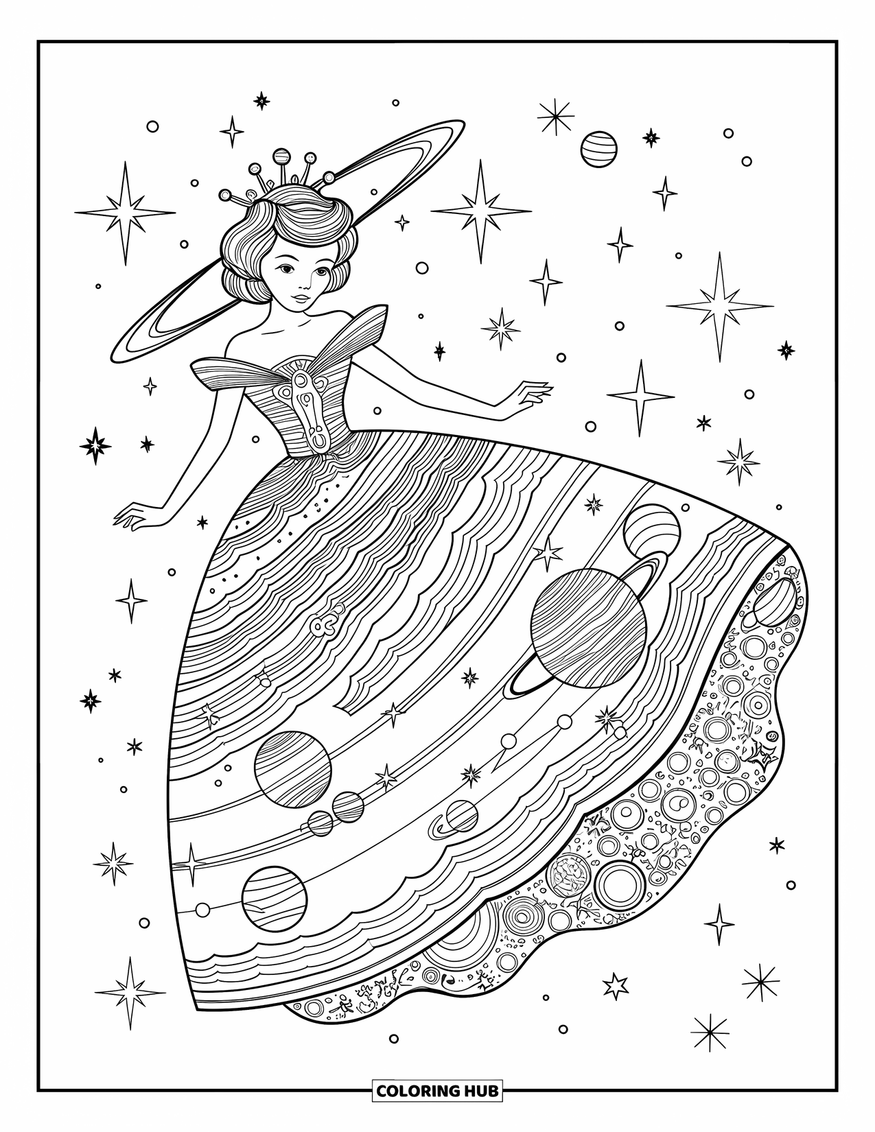 Princess Coloring Page for Adults: A celestial princess in a galaxy-themed gown with a planet crown