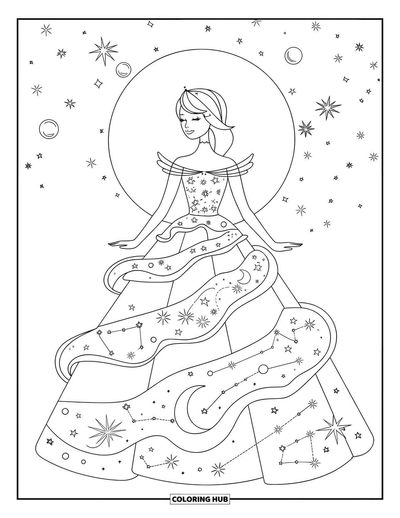 Princess Coloring Page for Adults: A celestial princess in a gown of stars and moons stands under a night sky