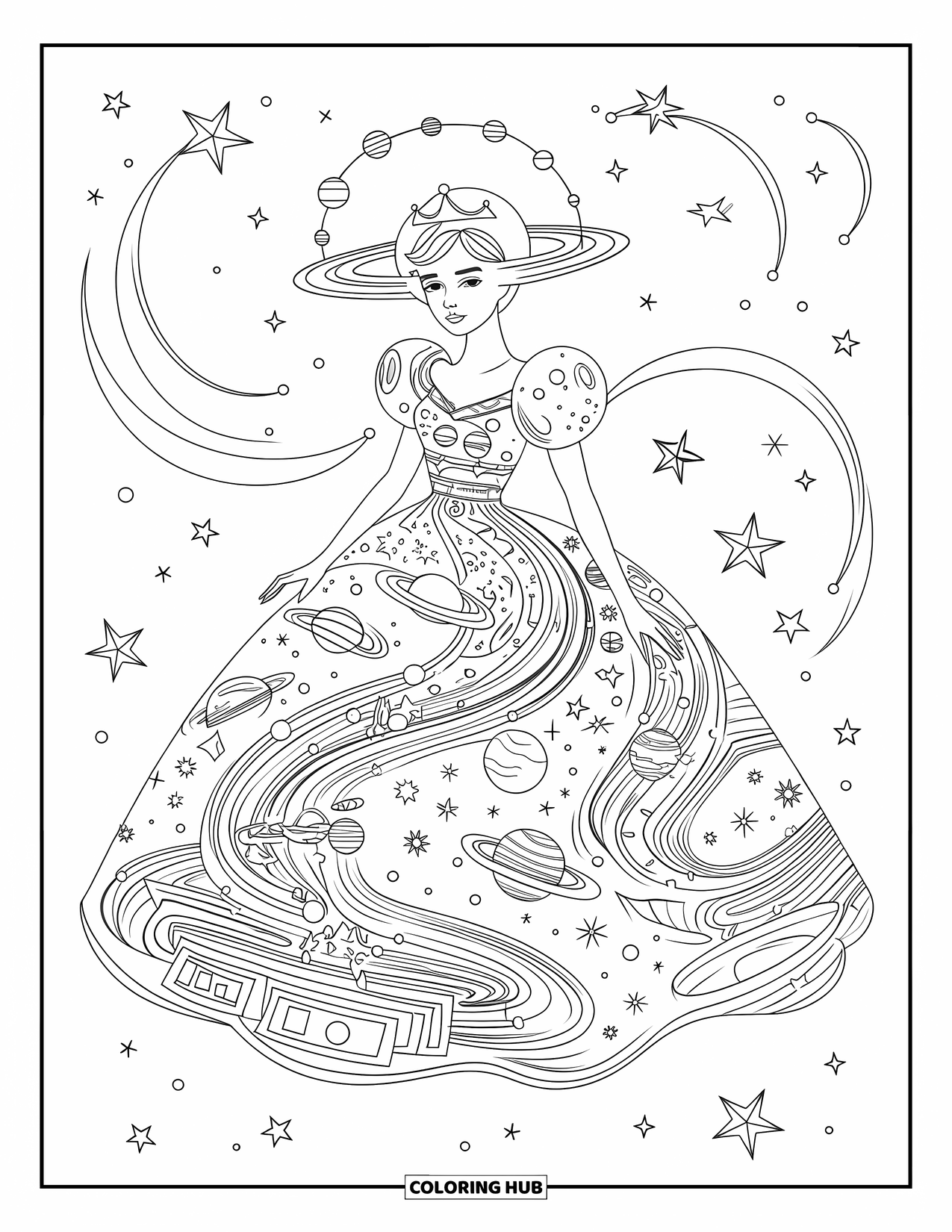 Princess Coloring Page for Adults: A celestial princess in a starry gown with a crown of orbiting planets