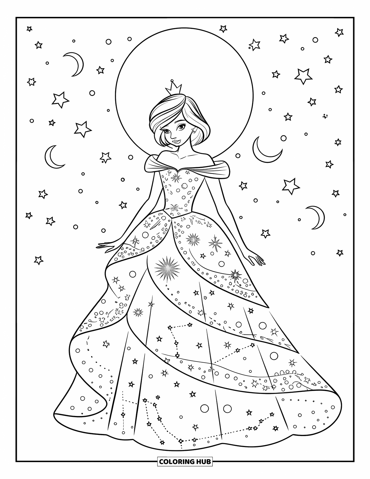 Princess Coloring Page for Adults: A celestial princess in a starry gown with crescent moons beneath a moonlit sky