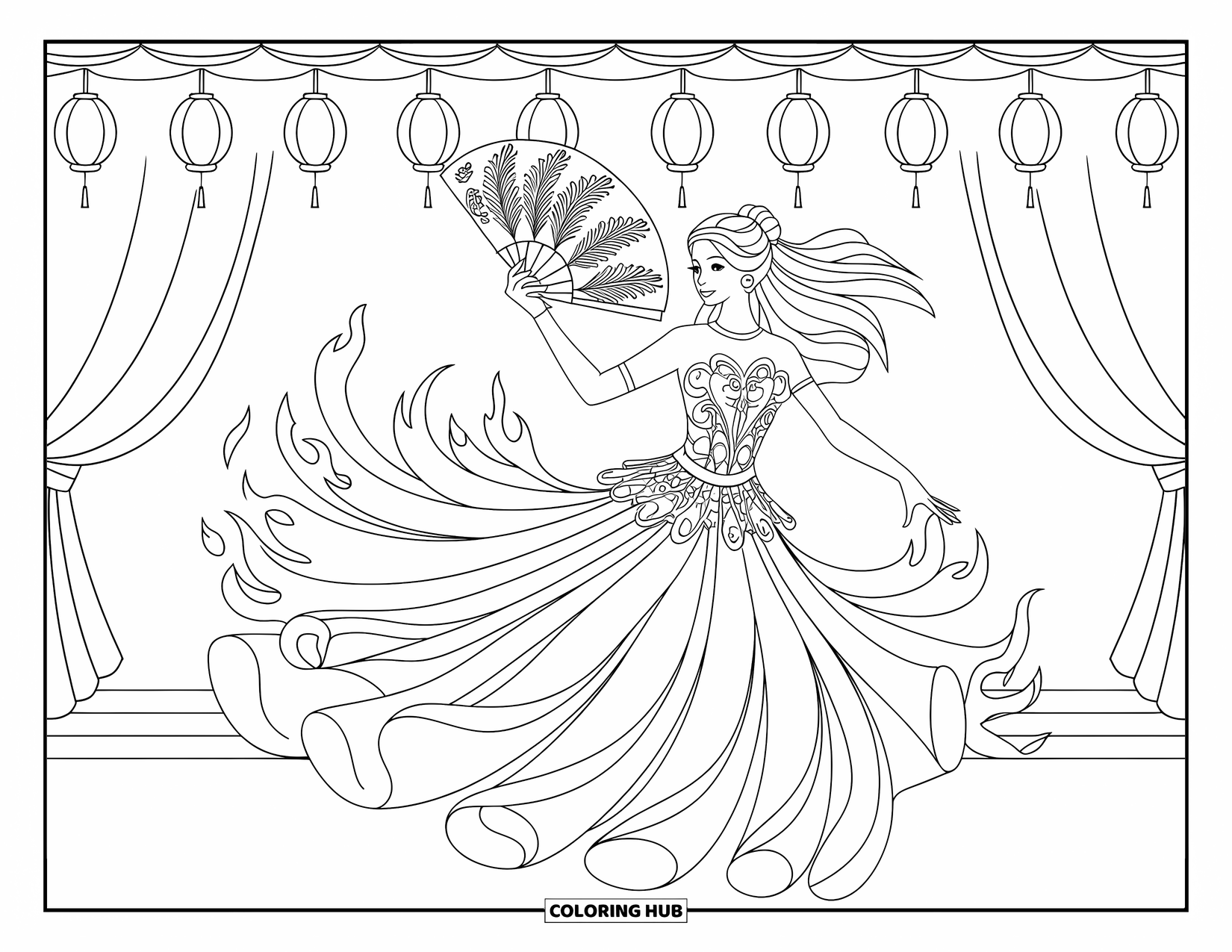 Princess Coloring Page for Adults: A dancing princess with a fire-like gown and a phoenix feather fan