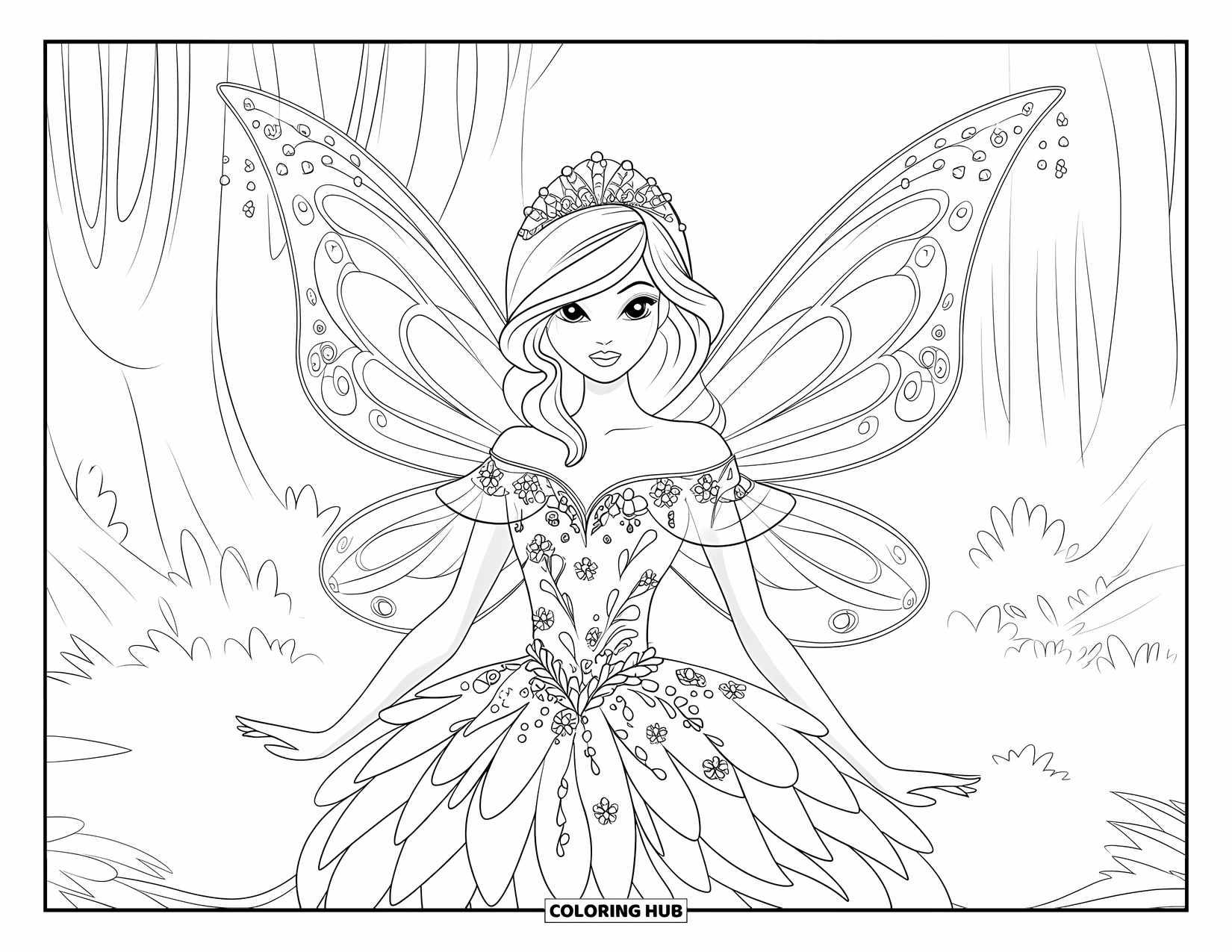 Princess Coloring Page for Adults: A fairy princess in a floral gown stands gracefully in a misty forest