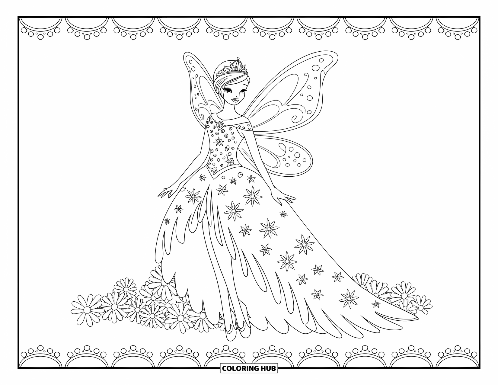 Princess Coloring Page for Adults: A fairy princess in a floral gown with wings and a dewdrop tiara