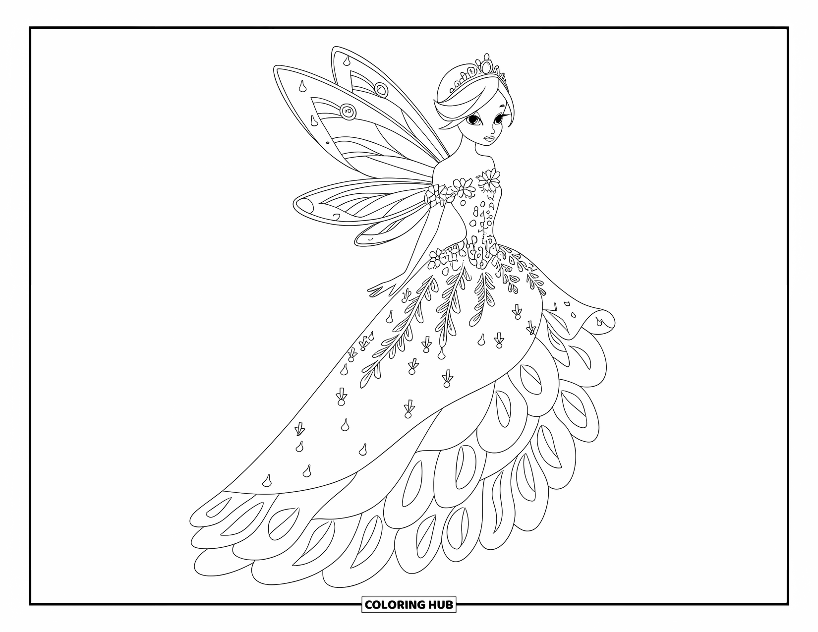Princess Coloring Page for Adults: A fairy princess in a floral gown with wings standing on a cloud