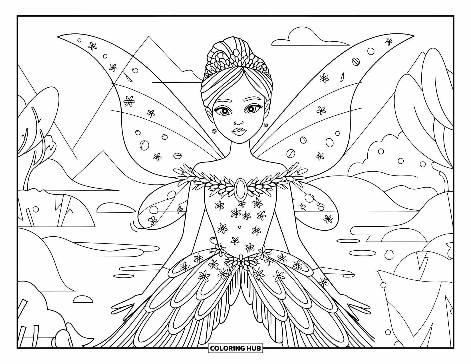 Princess Coloring Page for Adults: A fairy princess in a gossamer gown stands gracefully by a tranquil lake