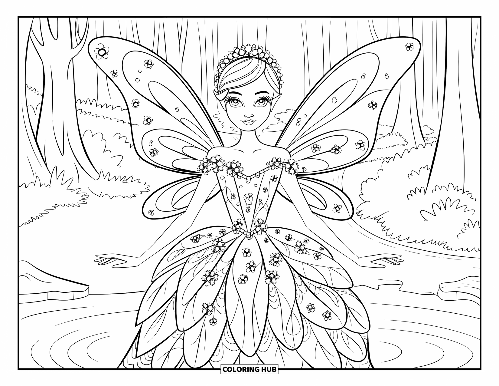 Princess Coloring Page for Adults: A fairy princess with delicate wings and a gown covered in floral patterns