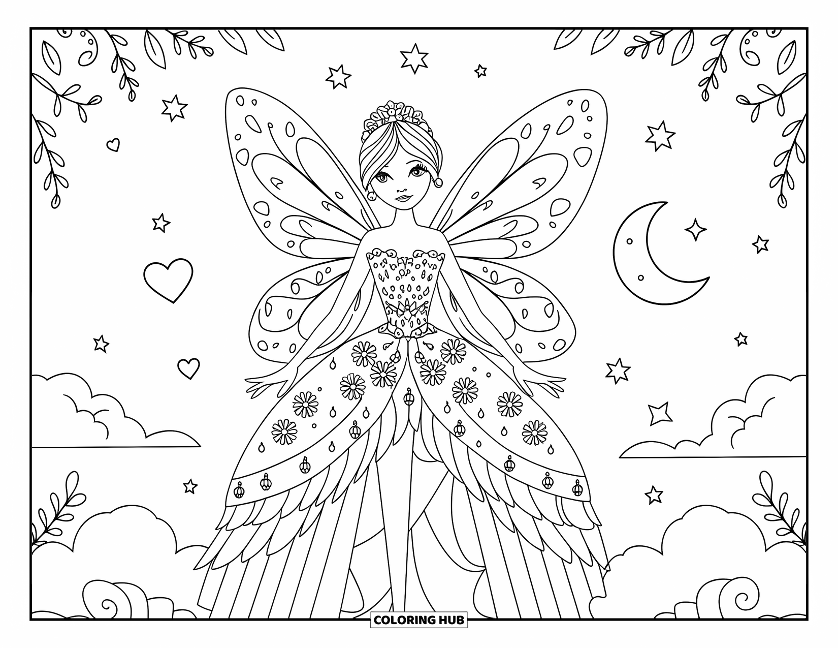 Princess Coloring Page for Adults: A fairy princess with wings and a flower-adorned gown on a cloud