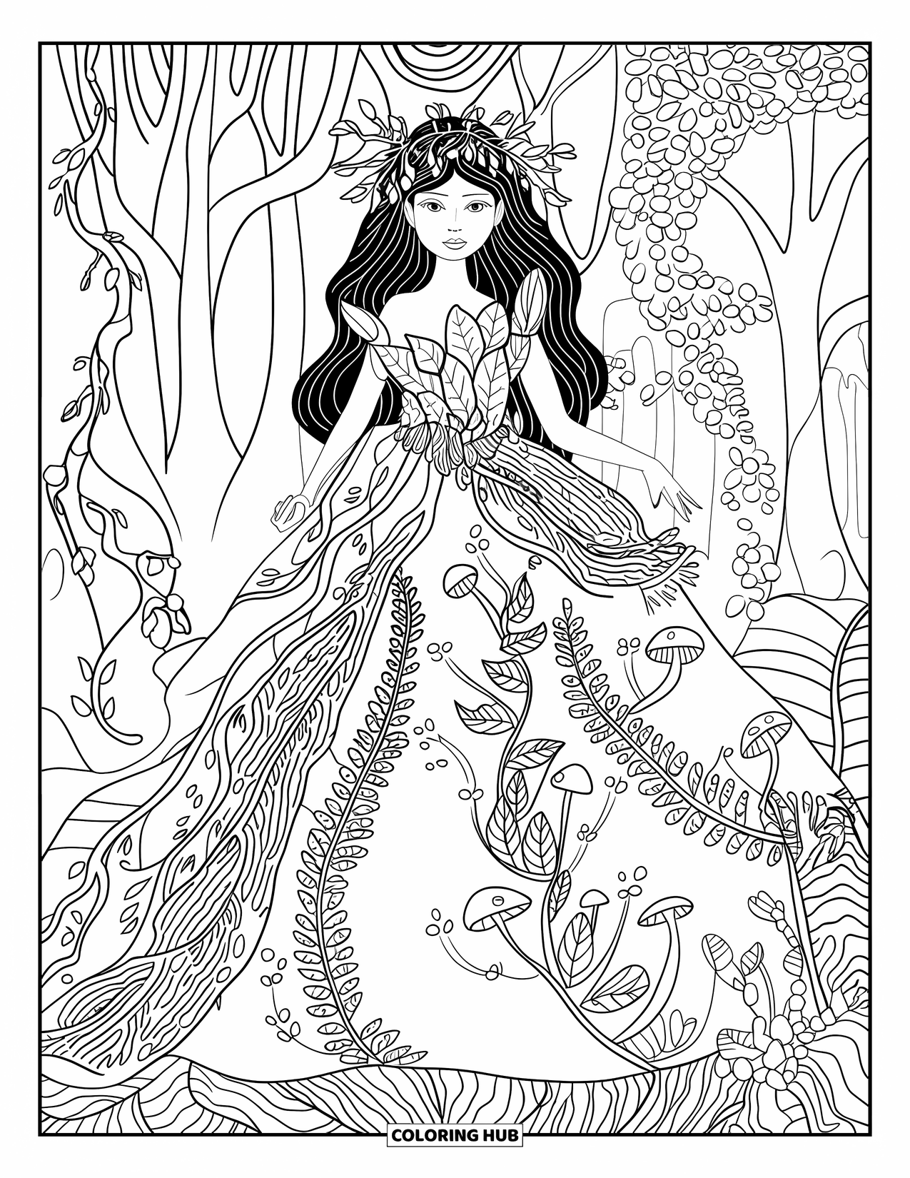 Princess Coloring Page for Adults: A forest princess in a leafy gown with glowing mushrooms and a crown of leaves
